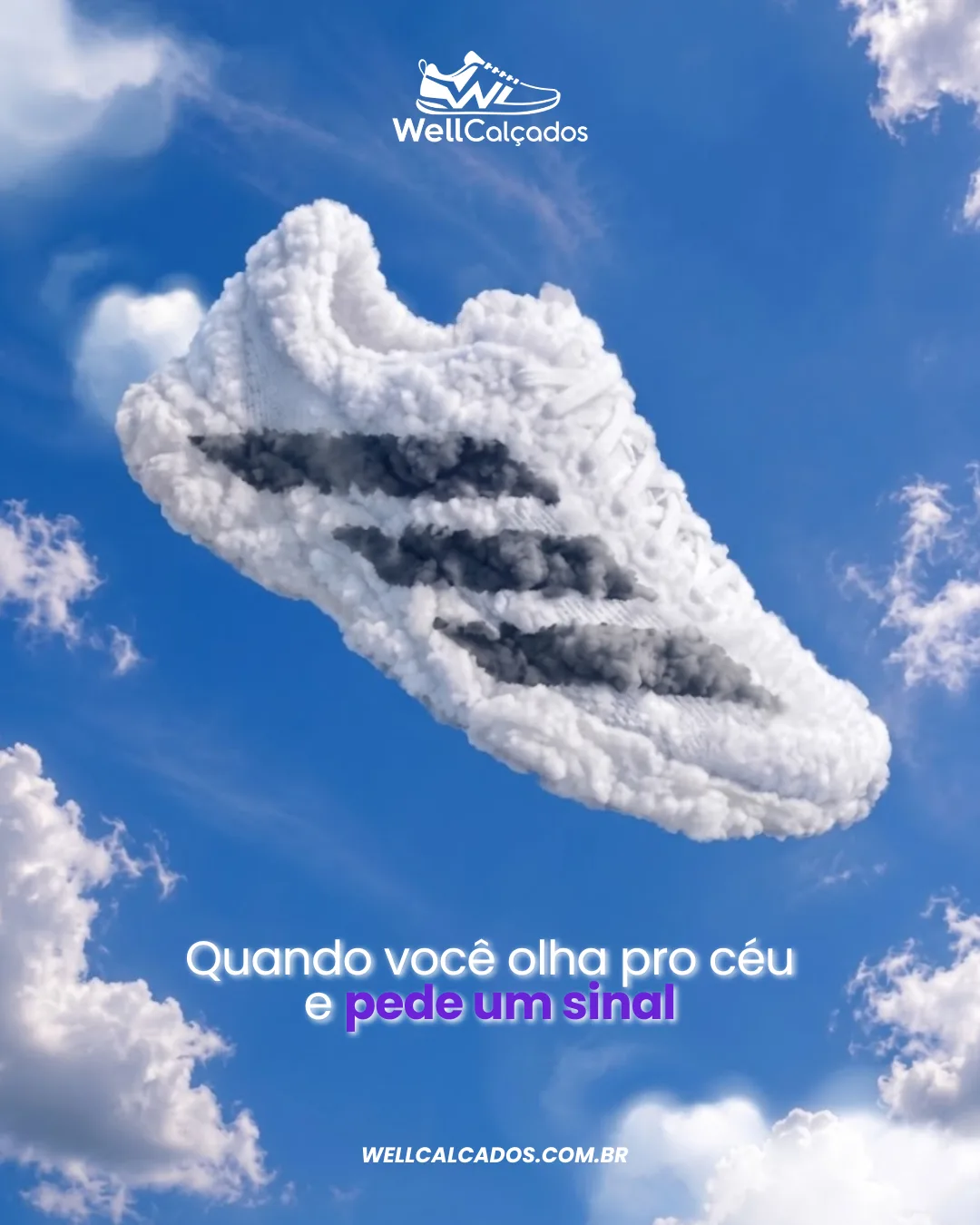 Post criativo da Well Calçados com tênis em formato de nuvem